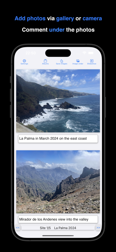 Instant Photo Note - Pantalla del iPhone mostrando fotos de viajes con pies de foto en la aplicación Nota de Foto Instantánea