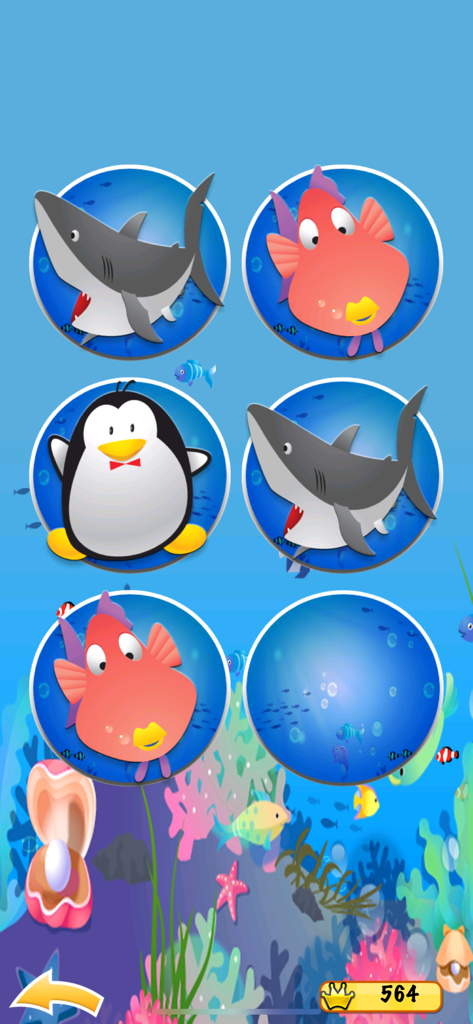 Penguin Pairs for Kids - Kids memory game screen with colorful sea animal pairs in bubbles