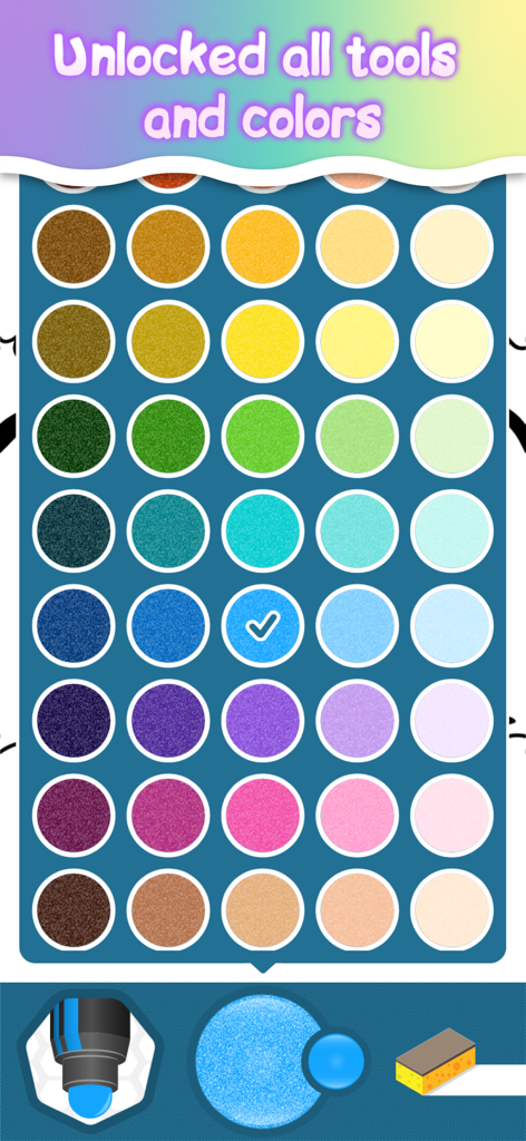 A colorful grid of glitter paint colors and unlocked drawing tools in the baby coloring app.