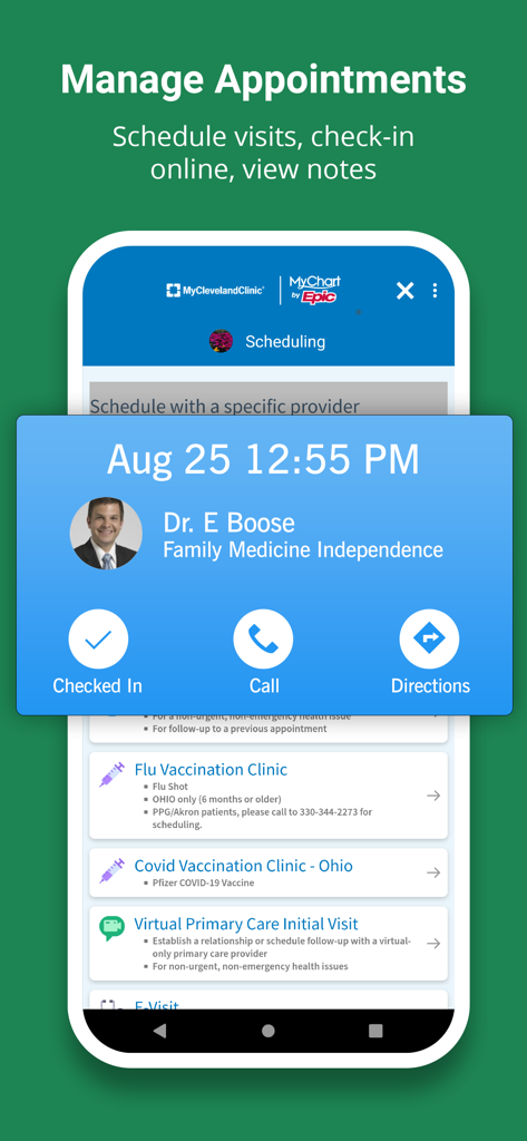 MyClevelandClinic app interface for managing and scheduling medical appointments