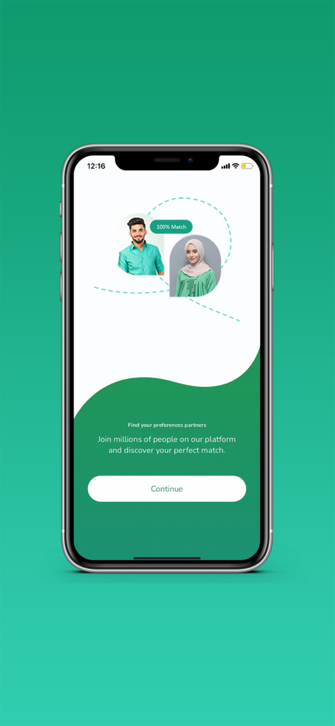 Way To Nikah: Muslim Matrimony - Welcome screen of the Way To Nikah Muslim Matrimony app showing a matching profile feature between a man and a woman