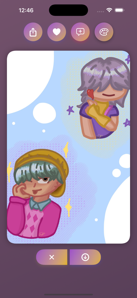 K-Pop DH Wallpapers fun - Mobile app screen showing a colorful cartoon K-Pop fan art wallpaper