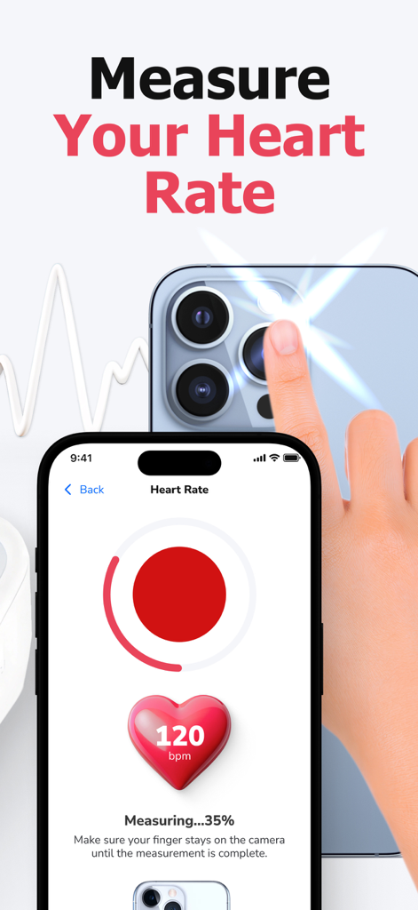 Blood Pressure ◦ Smart Tracker - Measuring heart rate using iPhone camera with health tracker app interface