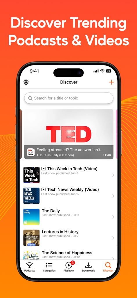 Podcast Player - Video & RSS - Schermata di scoperta dell'app Podcast Player con podcast video e audio di tendenza come TED e The Daily.
