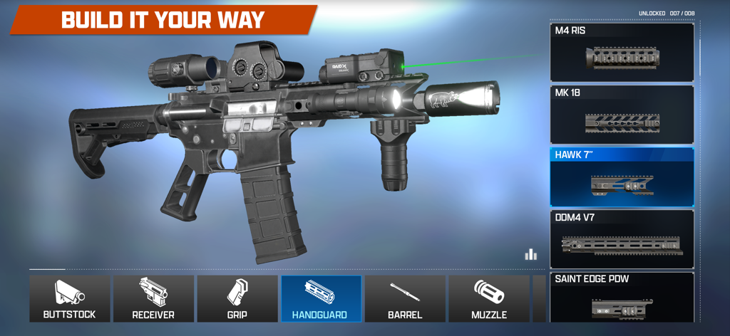 Gun Builder ELITE 2 - Gun customization screen showing tactical rifle and handguard options