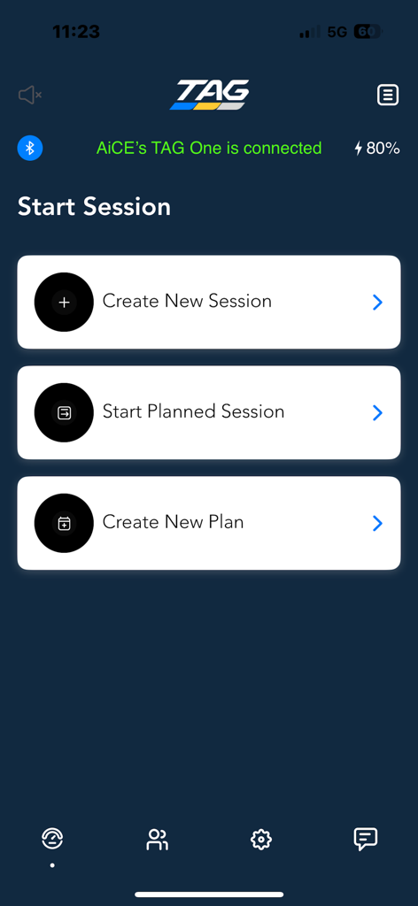 TAG Sports - The TAG Sports app start session screen showing options to create new sessions and a connected TAG One radar status