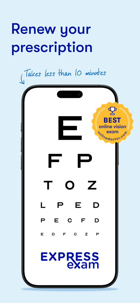 1-800 Contacts - Mobile phone displaying a vision exam for contact lens prescription renewal in the 1-800 Contacts app.