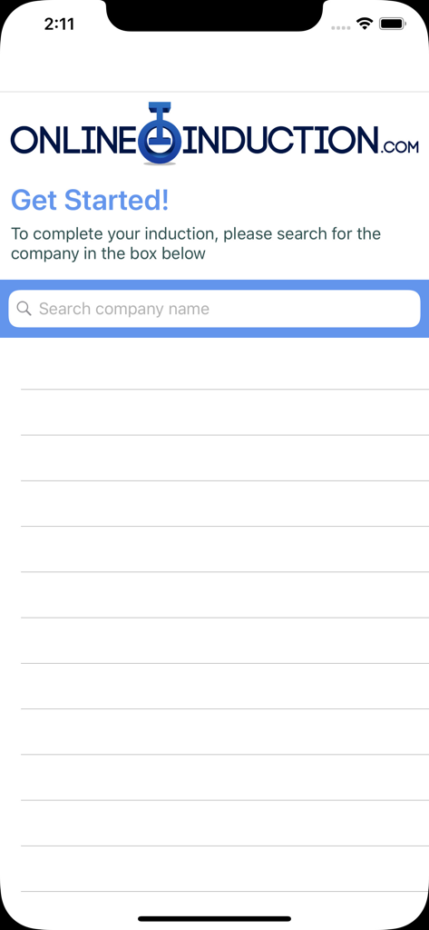 Induction - Search screen in the Induction app for finding a company and starting onboarding.