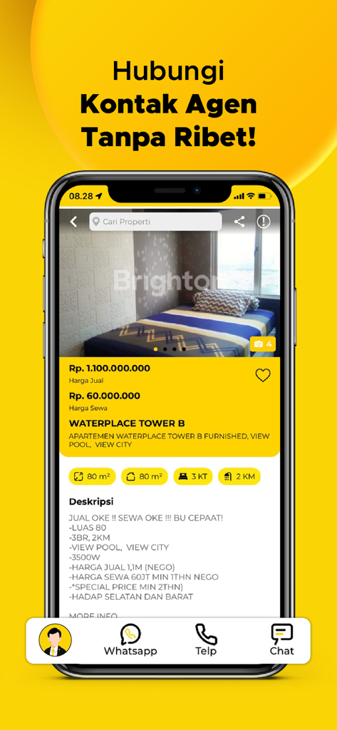 Brighton Real Estate - Brighton Real Estate mobile app screen showing an apartment listing in Indonesia with contact buttons for WhatsApp and phone