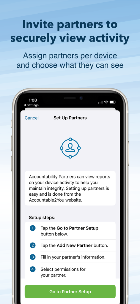Accountable2You Monitoring - Accountable2You app screen showing the steps to invite and set up accountability partners to securely view device activity.
