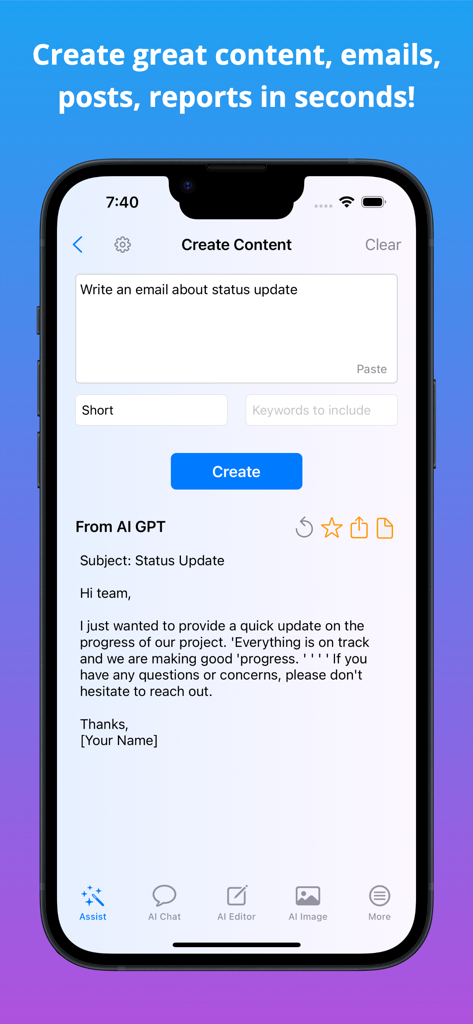 WorkGPT AI Copilot - WorkGPT mobile app interface showing an AI generated status update email from a text prompt