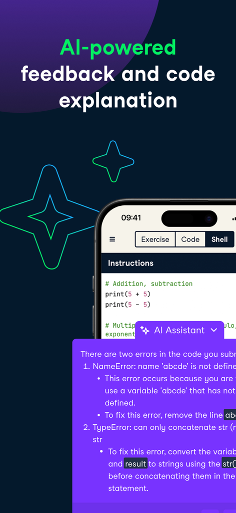 DataCamp mobile Benutzeroberfläche mit einem KI-Assistenten, der Echtzeit-Feedback und Erklärungen für Python-Code-Fehler gibt.