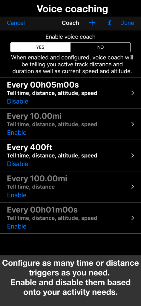 Interfaz que muestra disparadores personalizables de coaching por voz para tiempo, distancia y altitud en Speedometer 55 Pro.