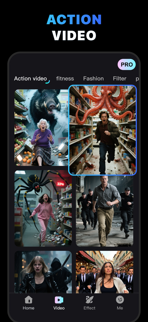 A mobile app screen for MotionAI showing various AI generated action video templates with people in dramatic chase scenes involving giant monsters and creatures