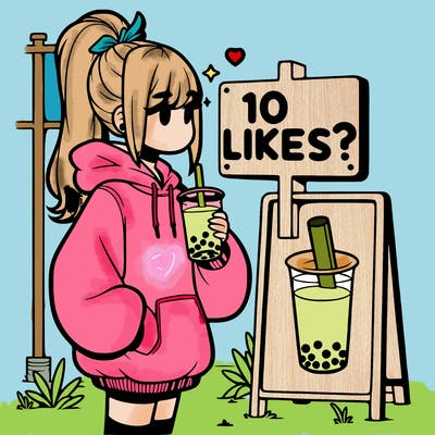 girl with oversized hoodie drinking boba and she has a high ponytail with a sign that says 10likes?