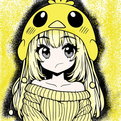 anime girl with chick shaped hat with sweater with bare shoulders with bangs covering them one eye with low tail