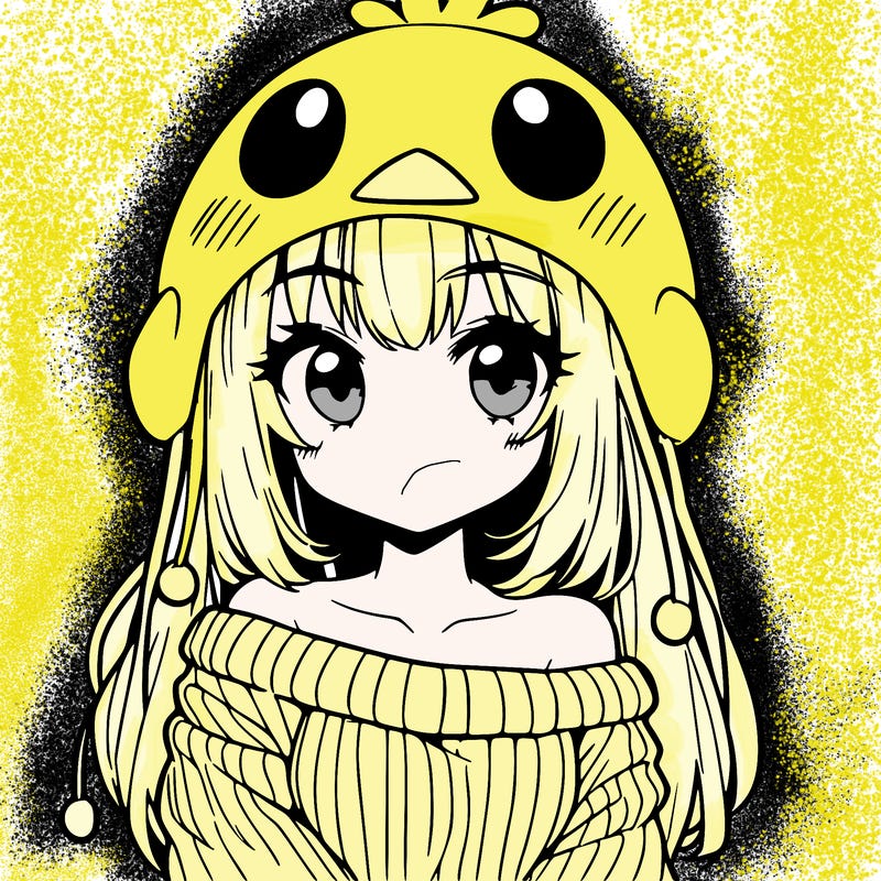 anime girl with chick shaped hat with sweater with bare shoulders with bangs covering them one eye with low tail
