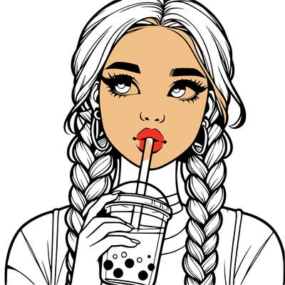 realistic girl with braided hair drinking boba
