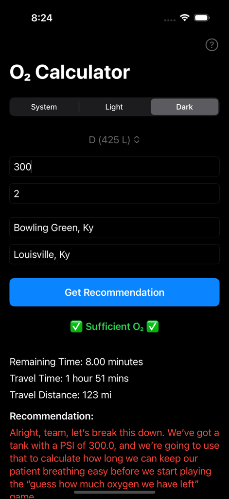 O2 Calculator Companion - O2 Calculator Companion app interface displaying oxygen tank duration and medical transport logistics