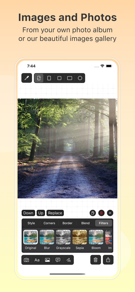 Cre8 - Photo Editor & Drawing - Mobile app interface of Cre8 showing photo editing options and aesthetic filters applied to a nature image.