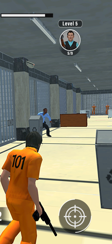 Jailbreak Fury - Third person shooter gameplay of a prisoner in an orange jumpsuit aiming at a guard in a prison hallway