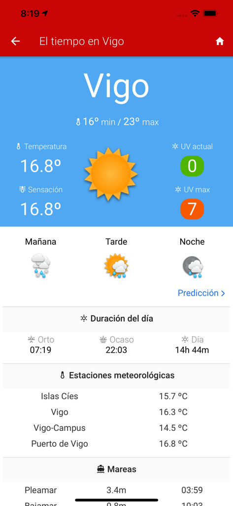 Vigo App - Concello de Vigo - Weather forecast and tide information screen in the official Vigo App