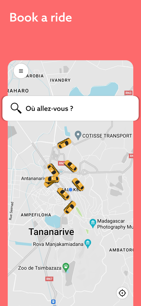 Misy - Interfaz de la aplicación Misy que muestra un mapa con taxis disponibles para reservar un viaje