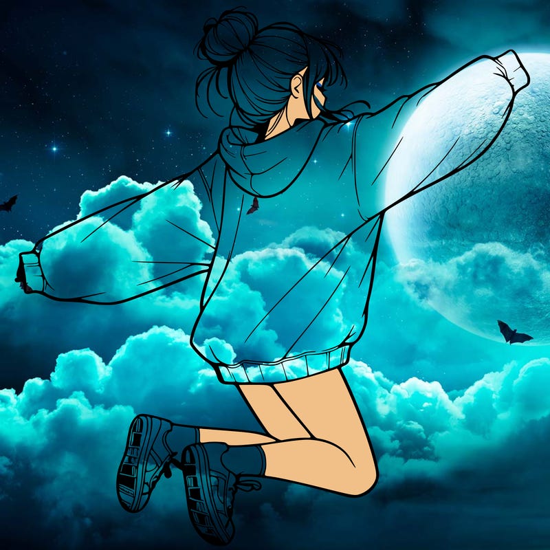 realistic girl jumping with a bun and oversized sweatshirt