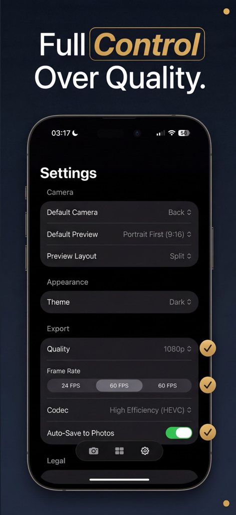 Dual Shot Camera: ReFrame - The settings interface of the ReFrame app featuring video quality and export frame rate controls