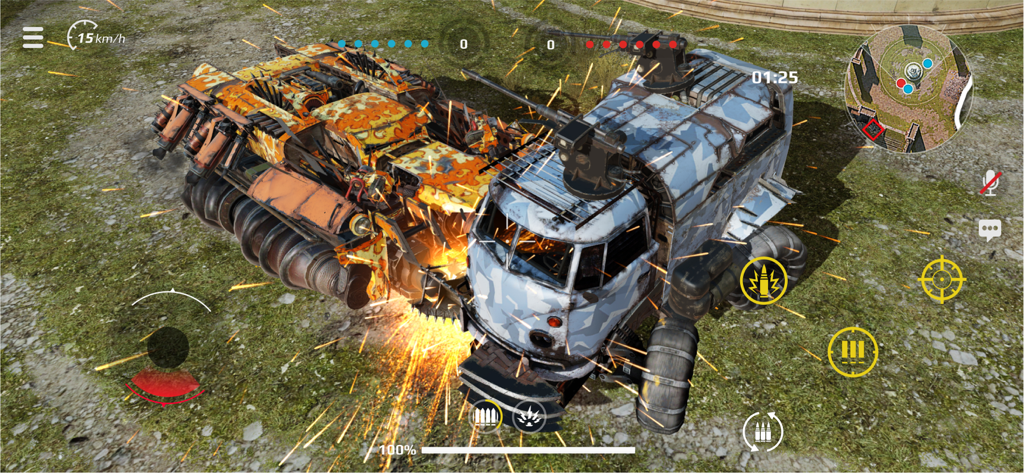 Tactical vehicle combat in Crossout Mobile with two custom armored cars colliding in a pvp match