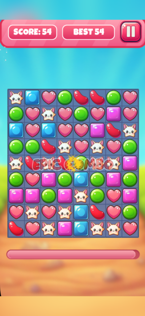 Cute Candy Puzzle - かわいい猫のアイコンと壮大なコンボメッセージが表示されたカラフルなマッチ3ボードを示す、かわいいキャンディパズルのゲームプレイ画面