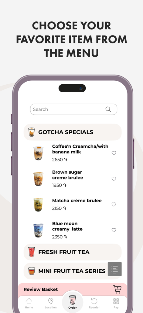 Gotcha boba bar - Pantalla del menú de la aplicación Gotcha boba bar que muestra bebidas especiales como matcha y crema brulee de azúcar moreno