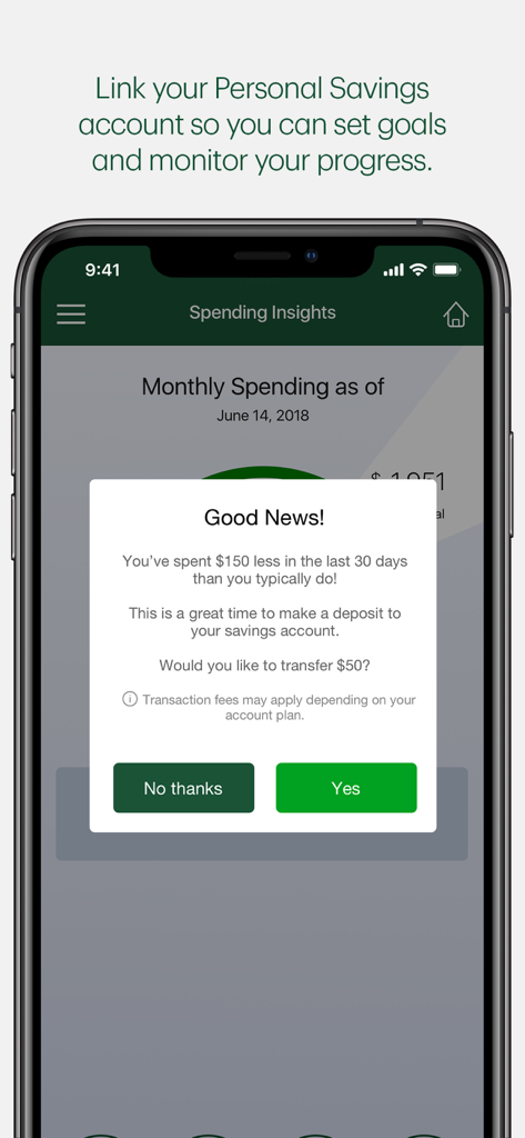 TD MySpend app screen showing a notification to transfer funds to a savings account based on reduced monthly spending.