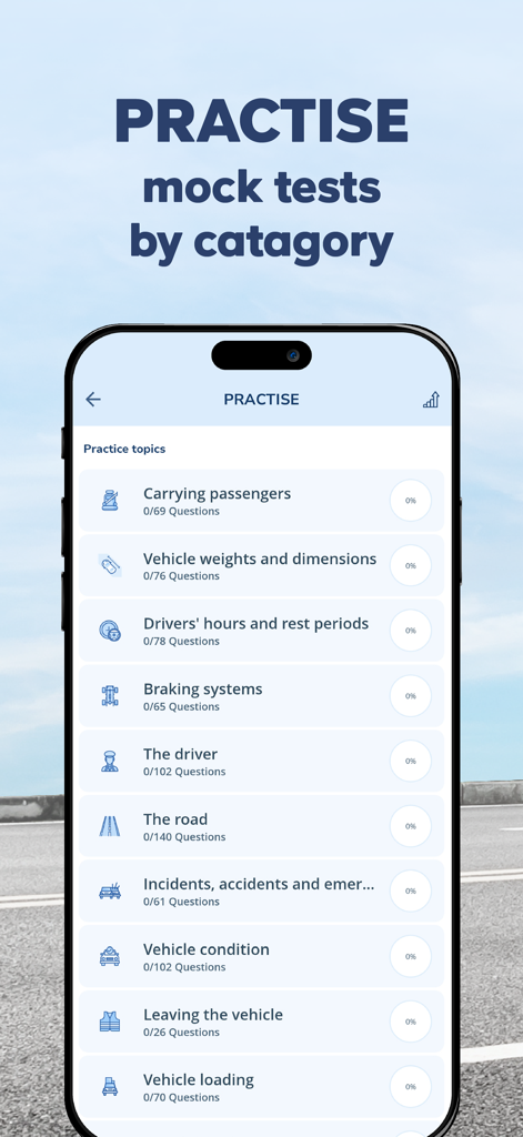 LGV & HGV Theory Test Kit 2026 - A mobile app screen showing LGV and HGV theory test practice topics and categories