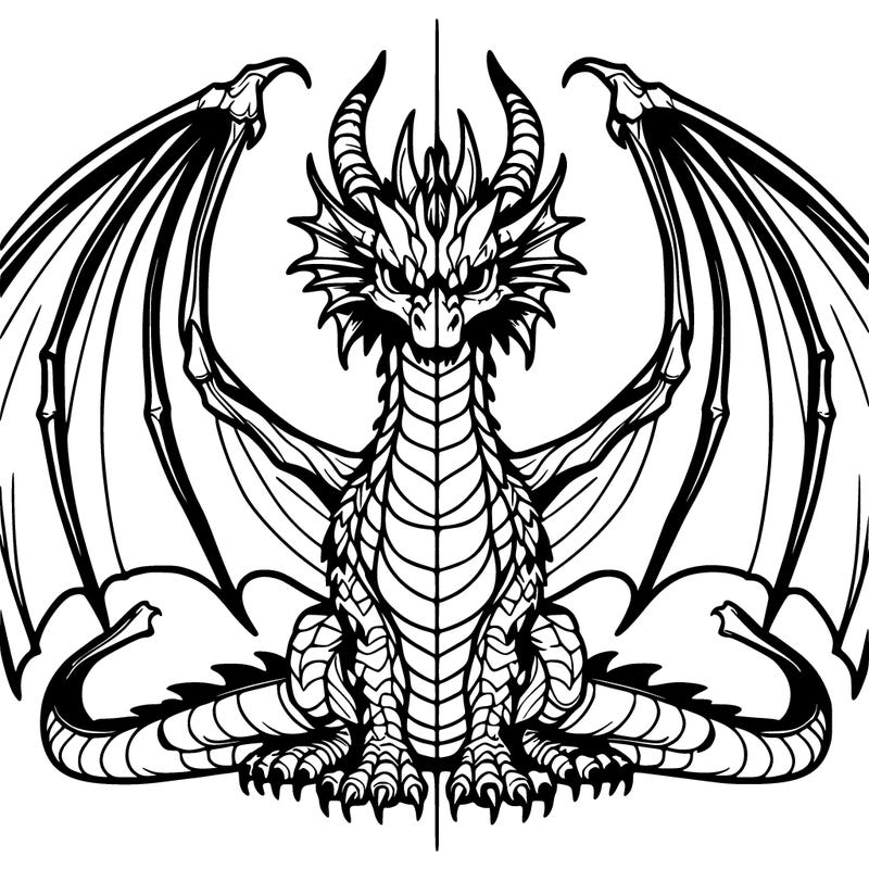 a realistic, symmetrical drawing of a dragon with a line down the middle