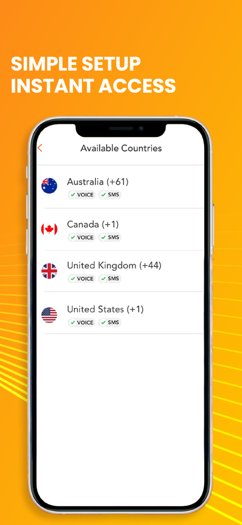 Fanytel app screen showing available countries for virtual phone numbers including USA UK Canada and Australia
