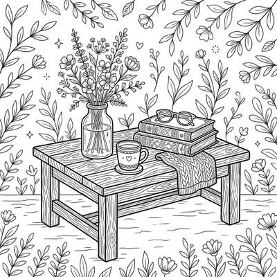 Immerse yourself in the charming simplicity of a cottagecore coffee table, complete with rustic wood, blooming wildflowers, and comforting elements. This delightful coloring page invites you to relax and add your own vibrant touch to a scene of pastoral tranquility.