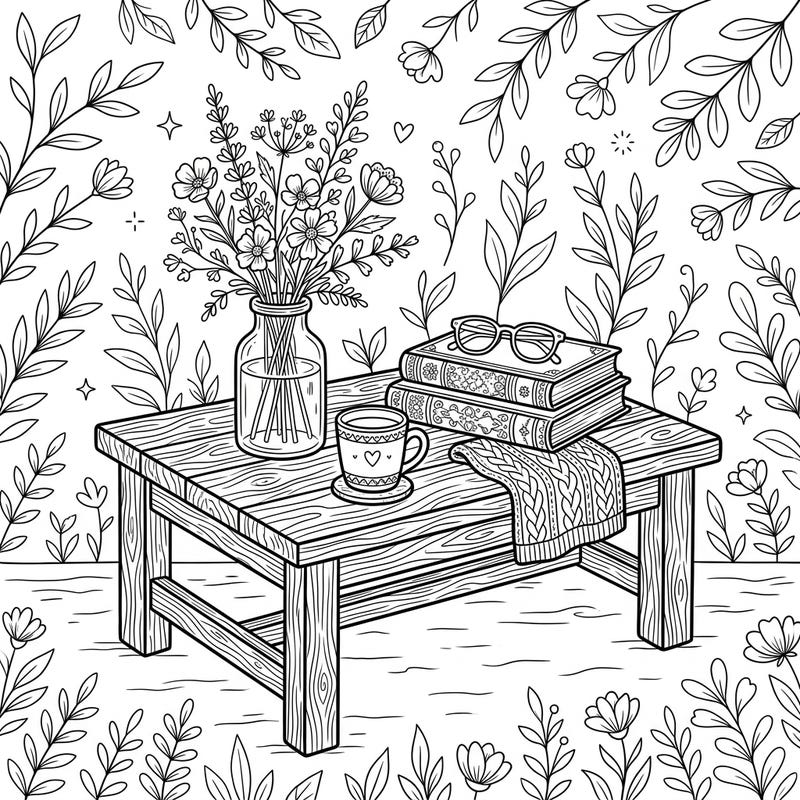 Immerse yourself in the charming simplicity of a cottagecore coffee table, complete with rustic wood, blooming wildflowers, and comforting elements. This delightful coloring page invites you to relax and add your own vibrant touch to a scene of pastoral tranquility.