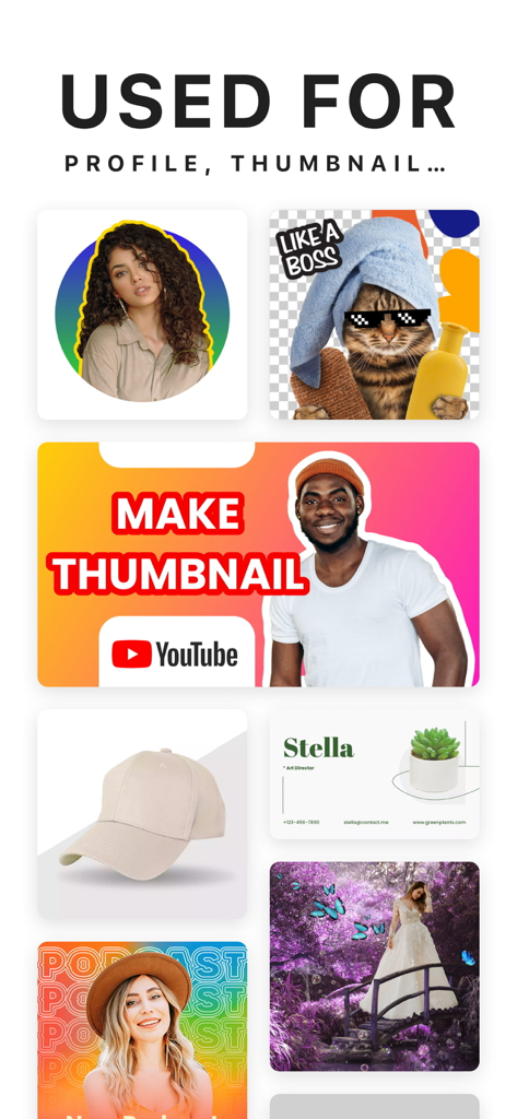 Background Eraser - Remove BG* - Collage of different use cases for the app including profile pictures, YouTube thumbnails, and product photos.