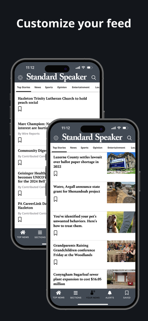 Hazleton Standard Speaker news app showing local stories and news feed customization