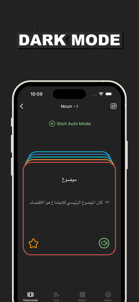 Learn Arabic & German - Arabic flashcard displayed in dark mode on the Learn Arabic and German app interface.