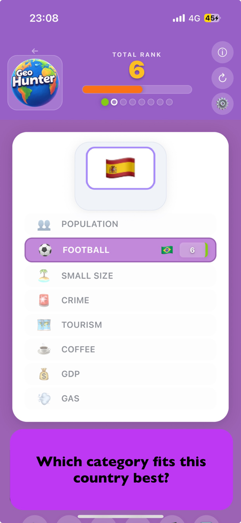 Pantalla de juego de GeoHunter pidiendo al jugador que elija la mejor categoría de clasificación global para España