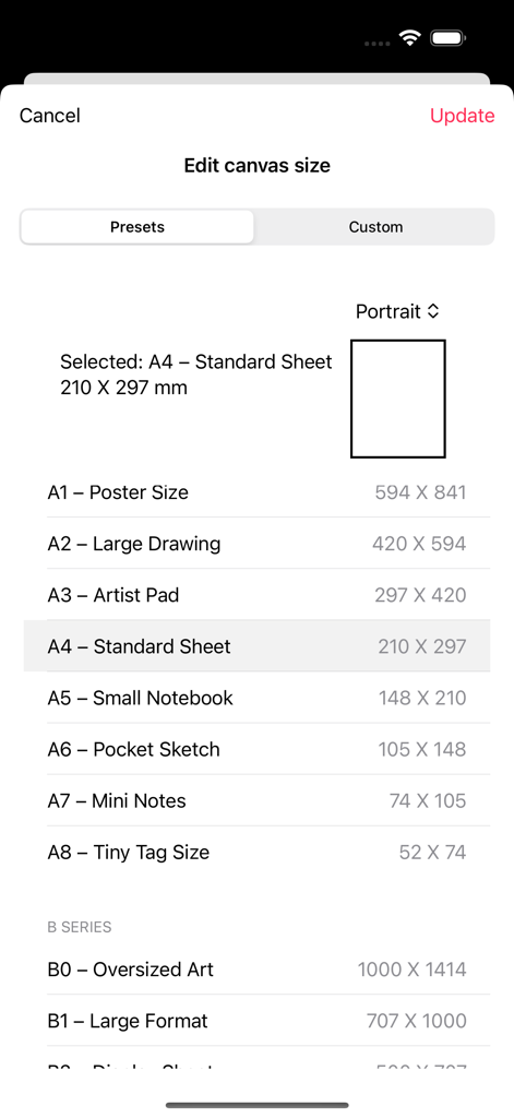 Drawing Grid - A menu in the Drawing Grid app showing a list of standard paper size presets like A4 and A3