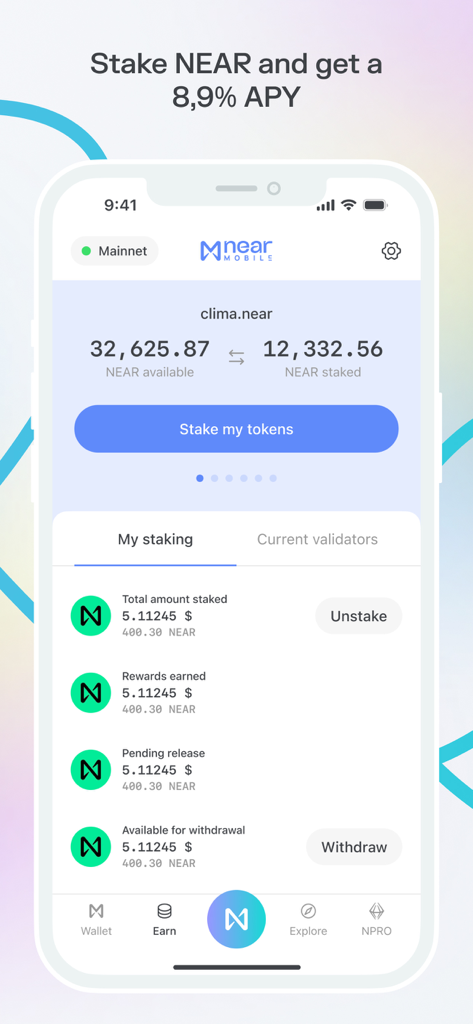 NEAR Mobile app interface showing NEAR token staking options with eight point nine percent APY