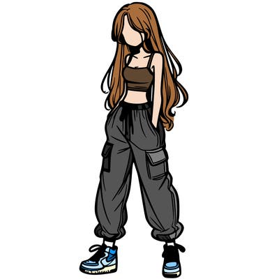 girl in baggy pants crop top and long hair