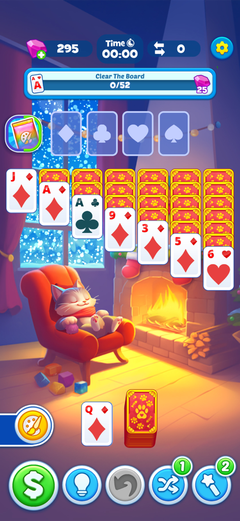 Win Money Solitaire - Solitaire card game interface with a cozy fireplace and sleeping cat background