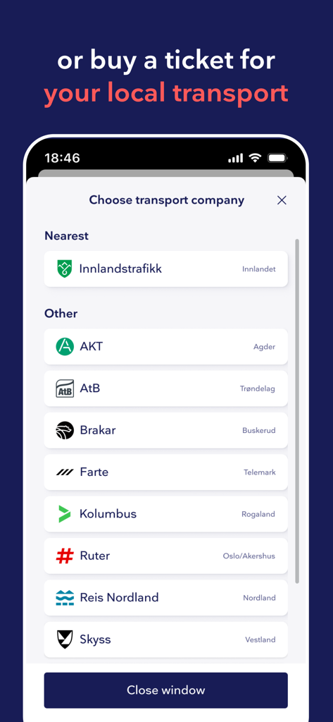 Entur app screen showing a list of local Norwegian transport companies for buying travel tickets