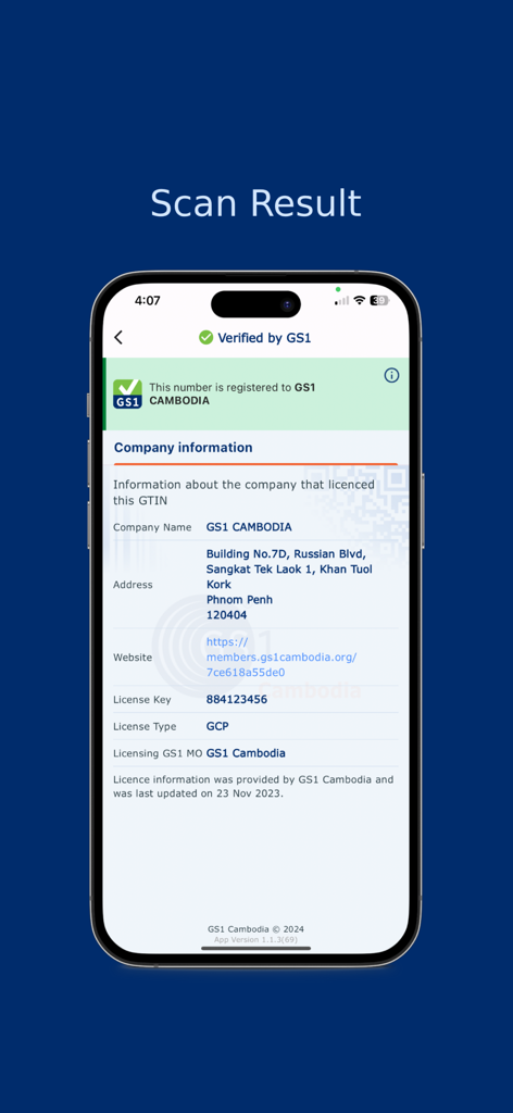 GS1 Cambodia – Product Verify - Captura de tela do aplicativo GS1 Camboja mostrando um resultado de escaneamento verificado com informações detalhadas da empresa e de licenciamento.