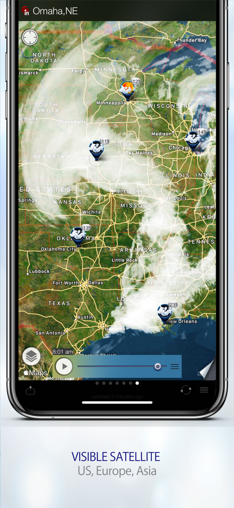 Radar Sky App-Oberfläche zeigt eine sichtbare Satellitenkarte der Vereinigten Staaten mit Wolkendecke und Temperaturmarkierungen.