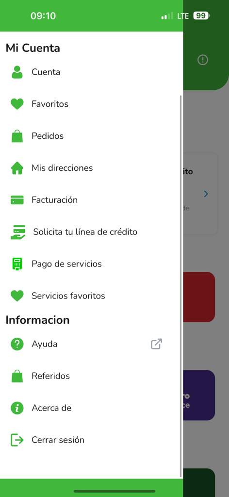 TeLoCompro - Side navigation menu of the TeLoCompro app showing account options and services in Spanish